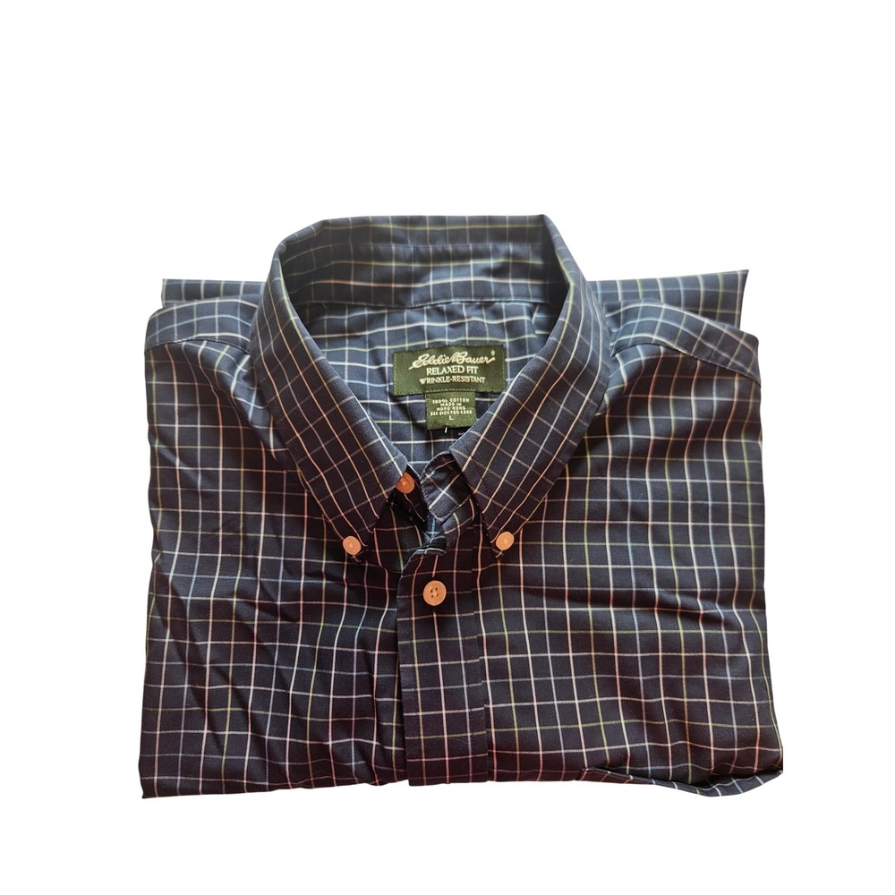 Eddie Bauer Mens Large Relaxed Fit Wrinkle Resistant Navy Grid Button Down Shirt